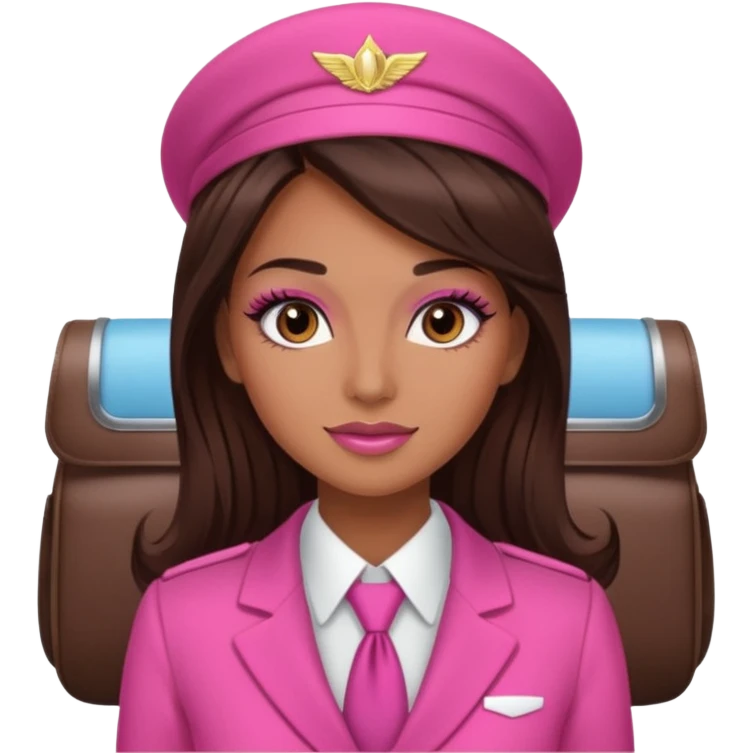 Flight attendant with pink outfit tan skin long dark brown hair with highlights pretty makeup long lashes emoji