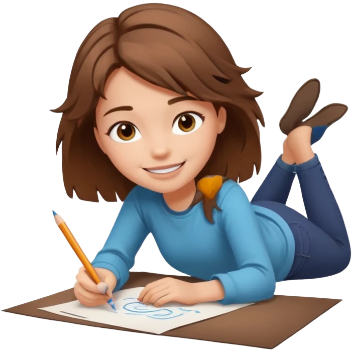 a girl who is getting on the ground and drawing cute herself on a paper  emoji