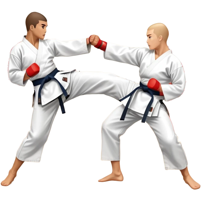 Two karate fighters in traditional gi sparring. One executes a high kick aimed at the opponent’s head, while the other blocks with a strong hand defense. The background features a classic dojo with wooden flooring and banners. Dynamic motion and focused expressions. Transparent background. emoji