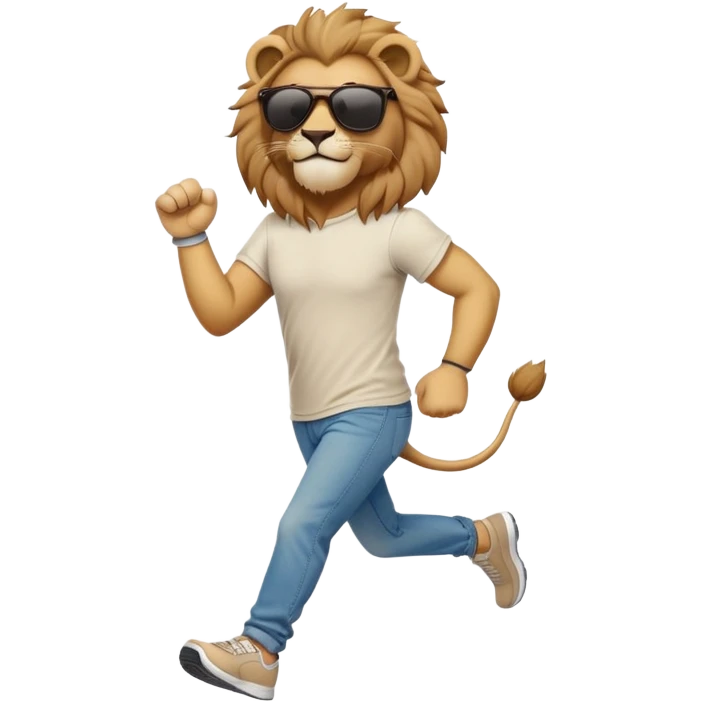 friendly anthropomorphised lion in jeans and a t-shirt, wearing dark sunglasses, jogging upright in relaxed pose emoji
