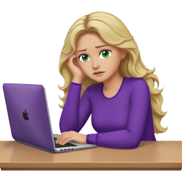 lady with long blonde wavy hair, purple top, green eyes,one elbow one desk hand on face with a laptop looking defeated emoji