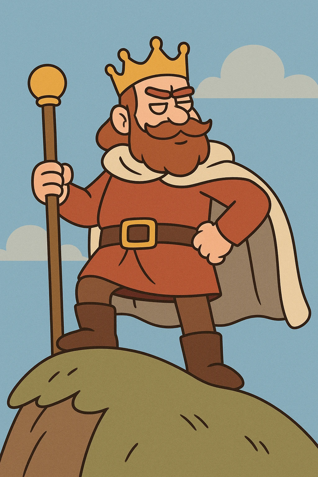 a proud king standing on top of a small hill, wearing a crown and holding a scepter, blue sky background, cartoon style emoji