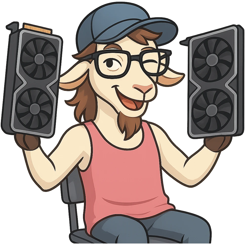 goat for Telegram stickers inspired by reference https://attic.sh/feoducyurkpqwz0la088soao98sx: wearing a cap, glasses, mullet hairstyle, pink drunkard tank top, sitting on a chair, holding a large video card in each hand at shoulder level, winking, pose like in the photo, clean lines, soft gradients. transparent background emoji