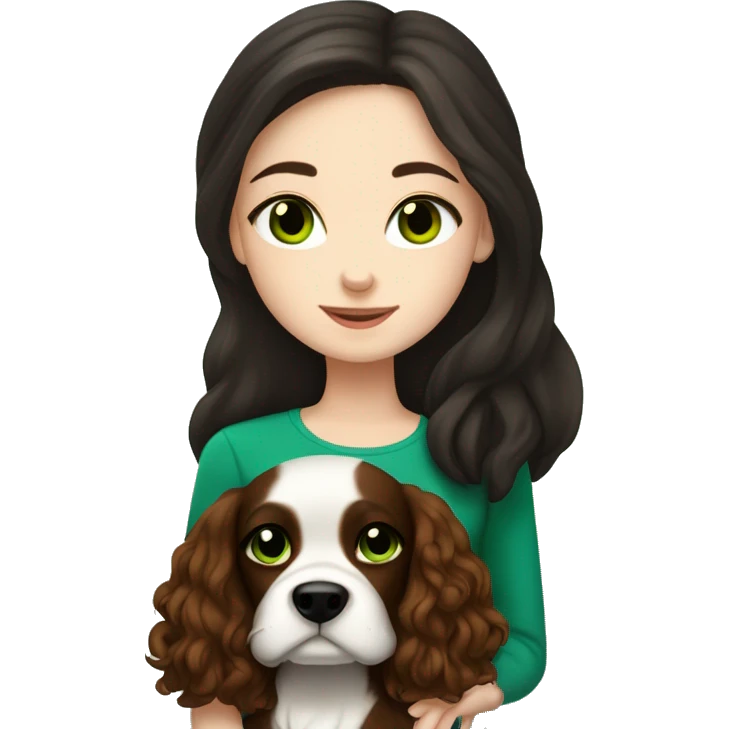 pale skin girl with green eyes with long dark brown hair that has a flower in her hair  snuggling a black and brown cavalier dog the dog also has a flower in its hair emoji