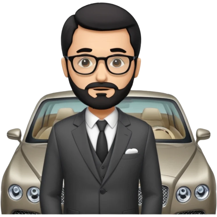 Professor Bentley Dyed black gray hair  frencb beard graying indian guy in suit with a bentley car. Older look with glasses emoji