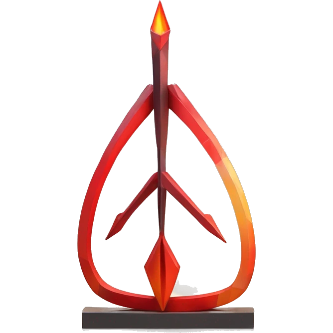 An archery arrow sculpture symbolizing sagittarius with a geometric, faceted design. The symbol is standing upright with angular and disney features. The vibrant red flame colors highlights the sharp edges and planes. emoji