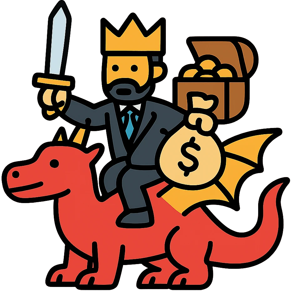 Red dragon-riding business warrior with sword and gold crown. Fantasy RPG style merchant king with money bags and treasure. emoji