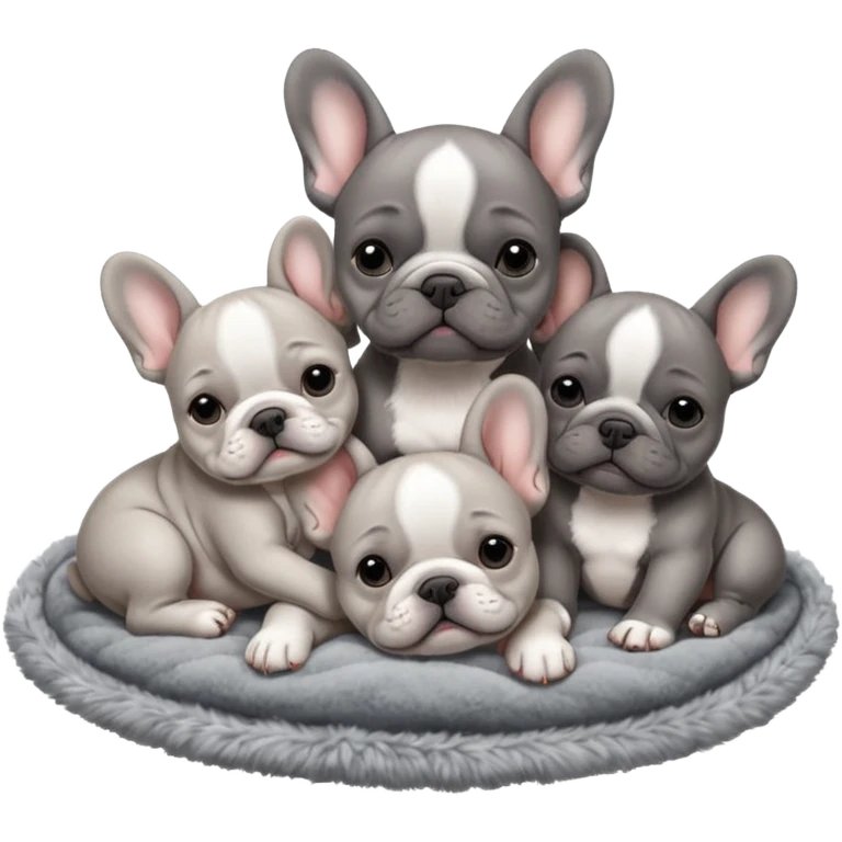 Gray French bulldog puppy, sleeping on a realistic fuzzy blanket with his brother and sister emoji