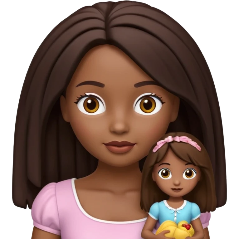 Boneca digital em estilo 3D realista e fofo, semelhante a uma boneca colecionável. Mulher jovem com pele negra, olhos castanhos escuros, cabelo liso cor chocolate, longo e bem alinhado.  emoji