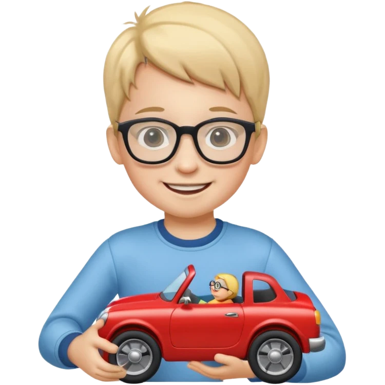 The child with glasses → is holding a toy car emoji