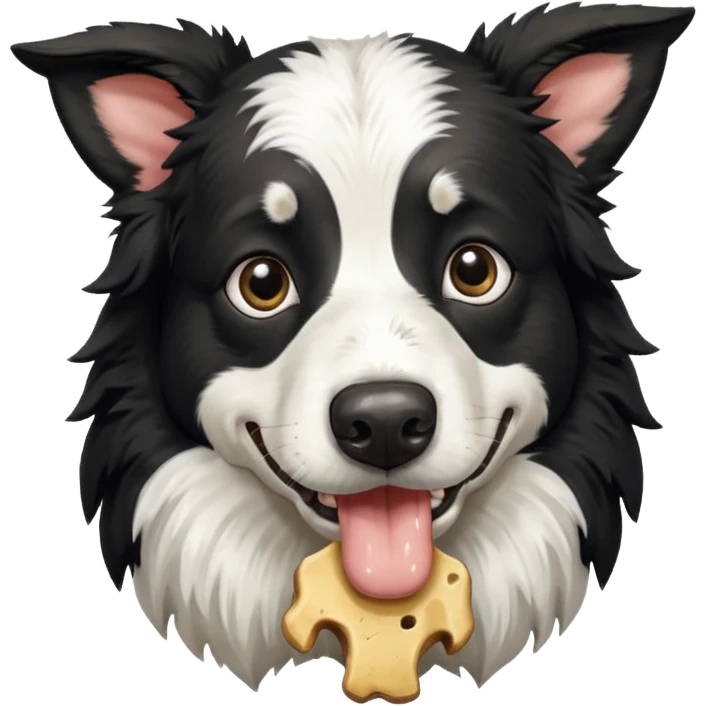 A black and white border collie is chewing on a cow's hoof. emoji