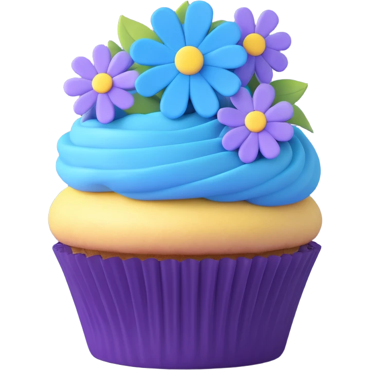 Transform this cupcake with blue flowers into an iOS 3D emoji model style, featuring realistic 3D shading, smooth rounded shapes, and a vibrant blue and purple color palette. emoji