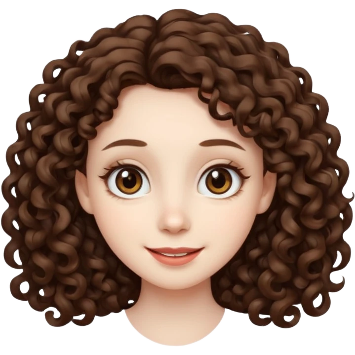 Light brown eyed female with pale skin. She has big eyes, curly and long dark brown hair and thin lips smiling. emoji