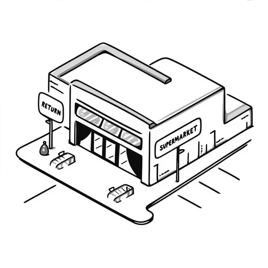 Isometric supermarket building with glass entrance, shopping cart return areas, and parking spaces emoji