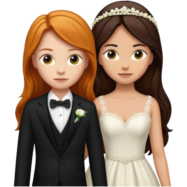 two girls getting married. one ginger with long hair in a BLACK SUIT. one DARK Haired brunette in a WEDDING dress emoji