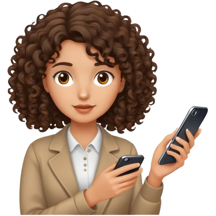 brunette girl with curly medium length hair, brown eyes, slightly tan skin, holding a phone emoji