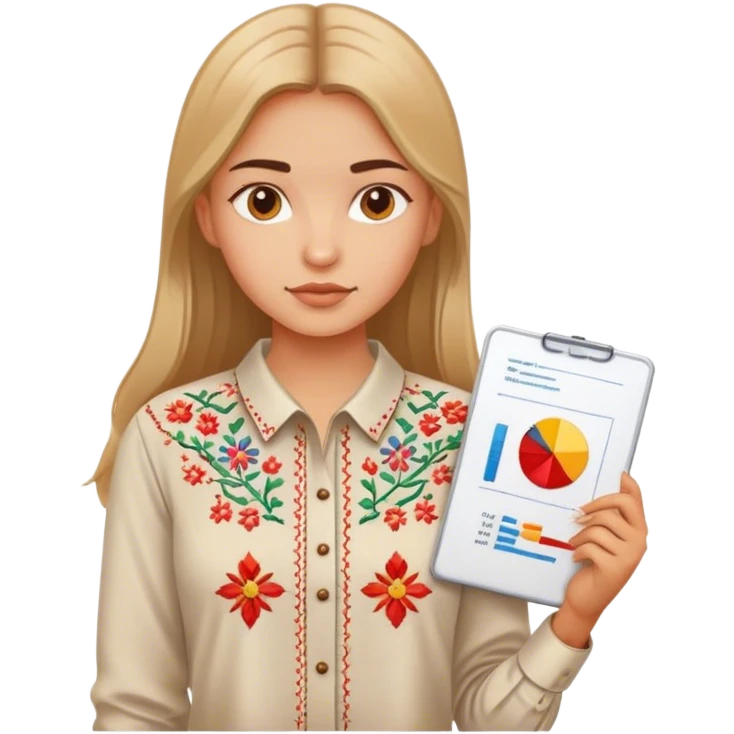 A Ukrainian girl in an embroidered shirt holds a diagram emoji