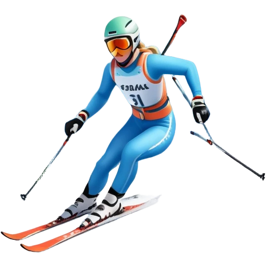 An icon featuring snowy peaks, pine trees, and a picturesque mountain landscape with a skier racing down a snow-covered slope. The sky is blue with soft clouds, capturing the thrill and beauty of alpine skiing. Transparent background highlights the excitement and serenity of winter sports. emoji