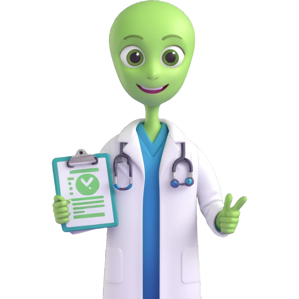 green alien doctor with a clipboard, wearing a white coat, smiling emoji