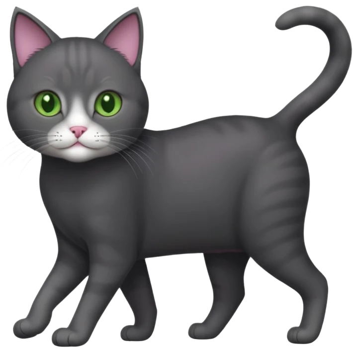 full body gorgeous solid dark grey cat with green eyes, white paws and white whiskers walking emoji