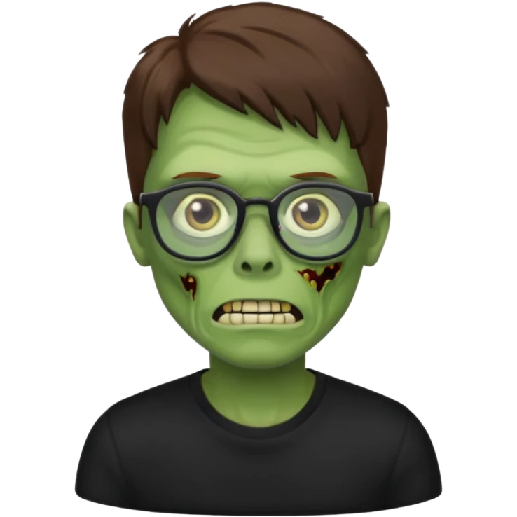 Green zombie, brown hair, black glasses, black shirt. iOS style. emoji
