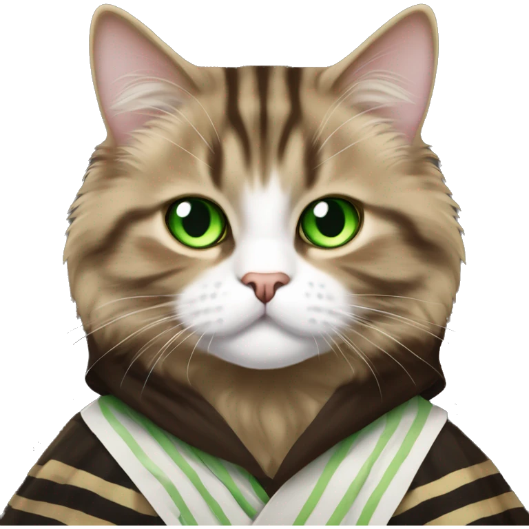 Brown and black striped Siberian cat with green eyes dressed as obi wan kenobi  emoji