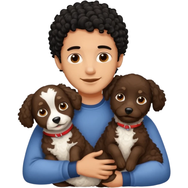 Young man with little brown skin, black curly hair, cheerful dark brown eyes, hugging two york dog emoji