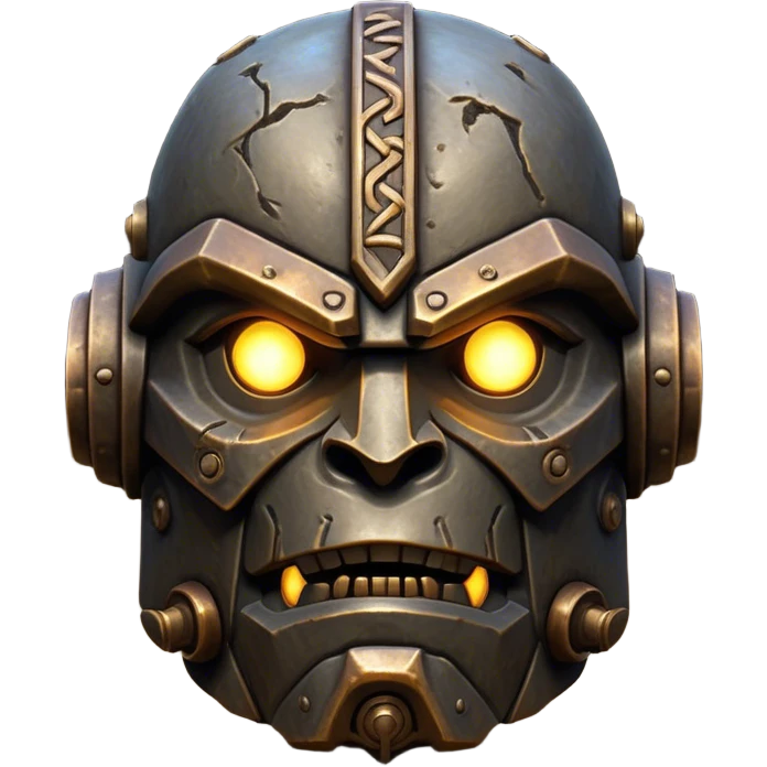 Cinematic Noble Mighty Iron Golem Portrait Emoji Poised and imposing, with a towering, metallic form forged from intricately detailed plates of burnished steel and ancient bronze, etched with faint traces of runes and weathered marks of time. Its piercing, glowing eyes radiate unwavering resolve, casting a solemn and commanding presence; rendered with lifelike texture and natural metallic highlights, high shine, elegant yet indomitable, styled with an aura of legendary endurance, focused and resolute, soft glowing outline, capturing the essence of an eternal guardian, standing vigilant and immovable as if ready to awaken at any moment with unstoppable might! emoji