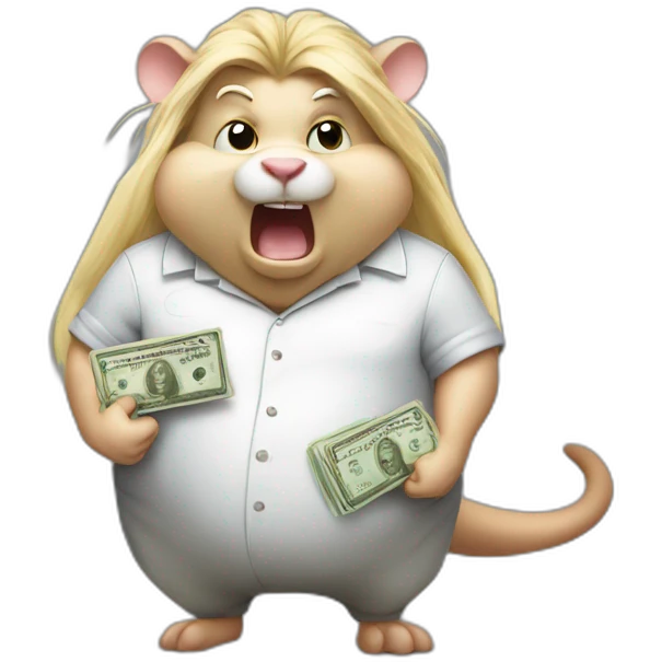 Angry fat Rat standing up with long blond hair holding money emoji