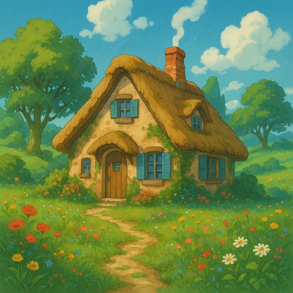 a cozy cottage in a magical landscape, ghibli style emoji