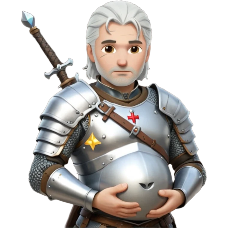 Geralt of Rivia holding pregnant belly, silver hair, medieval armor, magical atmosphere, Apple emoji style emoji