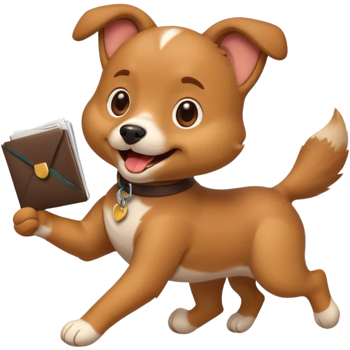 cute emoji-style dog running with a resume in its mouth, happy and energetic, simple bold lines emoji