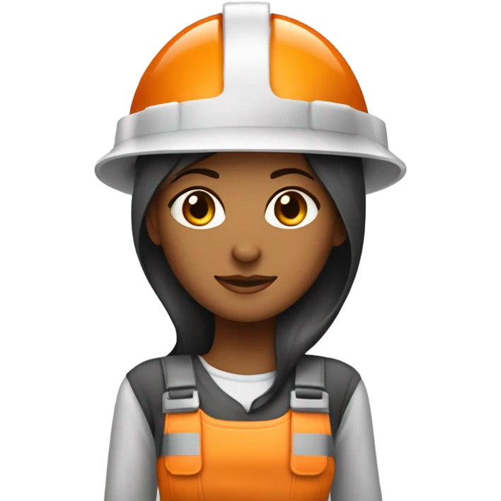 MUJER CON CABELLO CATAÑO INGENIERA EN MINERIA CON CASCO DE SEGURIDAD BLANCO Y MAMELUCO NARANJA emoji