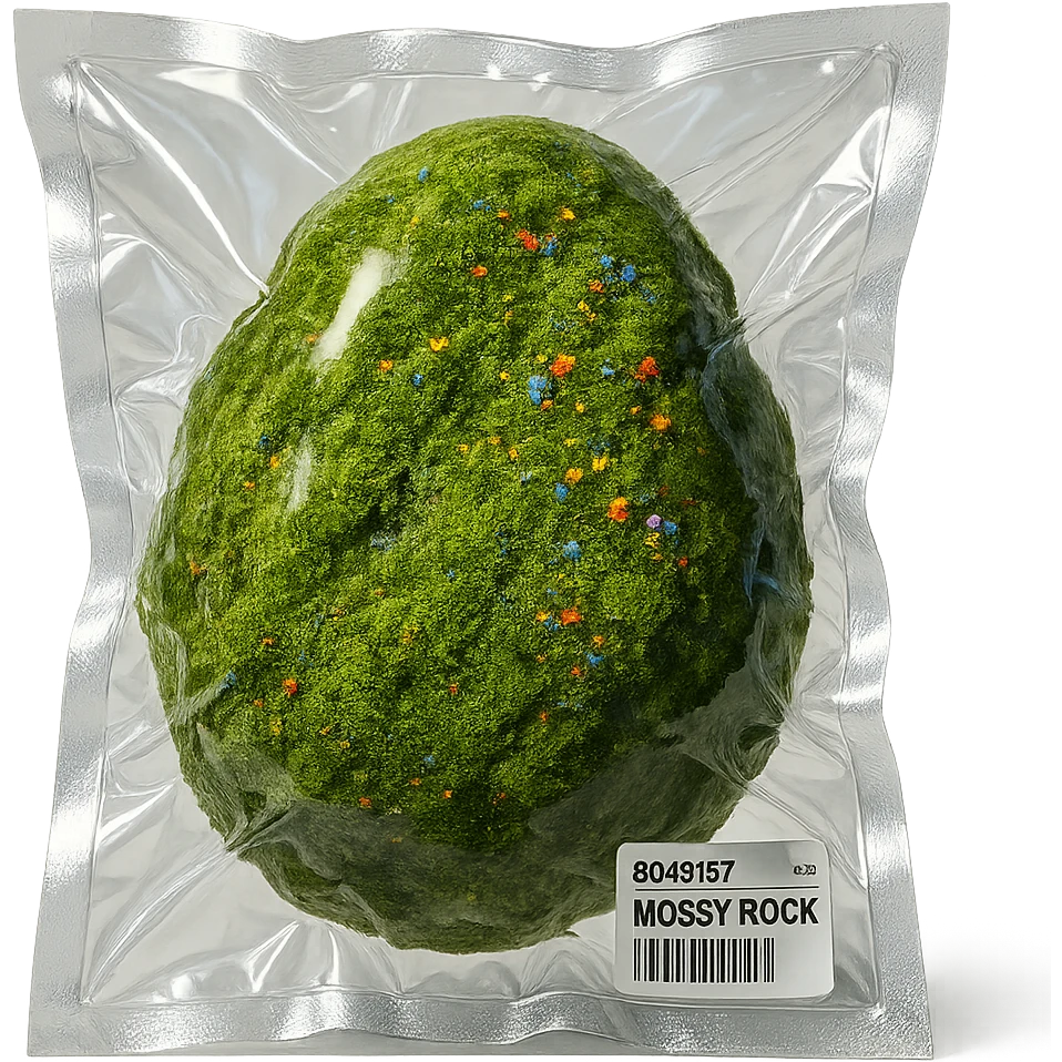 mossy rock with abundant moss and tiny colorful flowers, shiny and inflated emoji