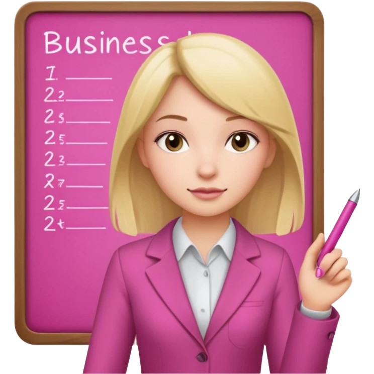 pink board with a girl writing on it and on the board there are graphs and a title "Businss emoji