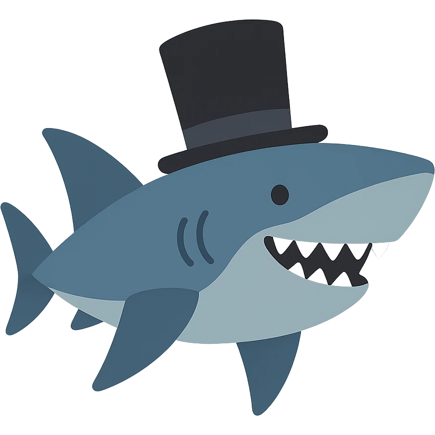 flat toon style shark wearing a top hat emoji