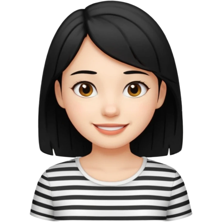 Black-haired girl, short to the neck, wearing white shirt with black stripes, happy emoji