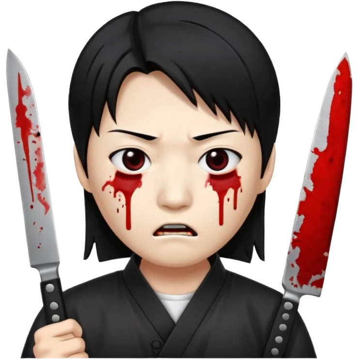 Korean murderer white skin with Asian eyes and holding kitchen knife with black straight hair with also one eye is blind covered with blood emoji