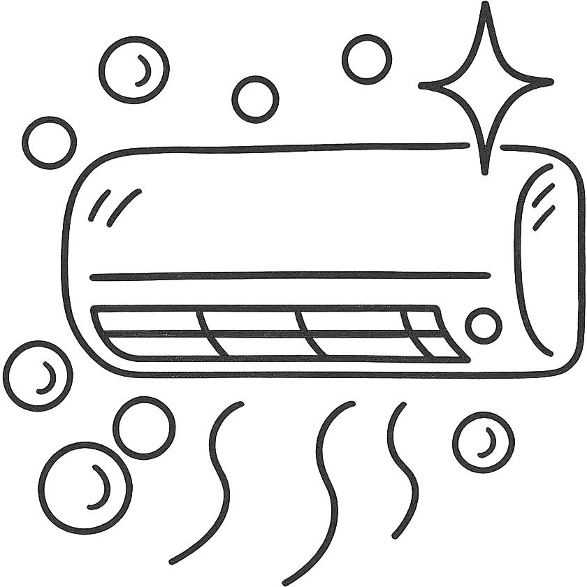 hand-drawn outlined icon of air conditioning cleaning, playful style, AC unit with bubbles emoji
