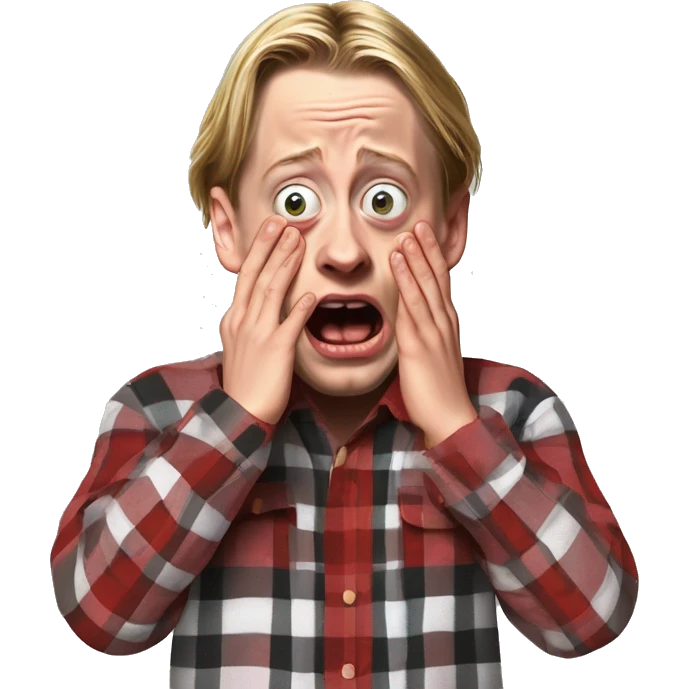 macaulay culkin from Home Alone, putting both hands on his face and screaming of fear. bring the hands down lik he is putting on his cheeks. emoji