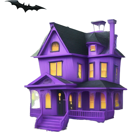 Barbie’s and Batman’s 6 story tall very haunted dream house with complete wrap-around porch, tall thorn bushes,and ghosts,guests, and spider webs everywhere and some broken windows and boards. The grass in the yard is dead.  emoji