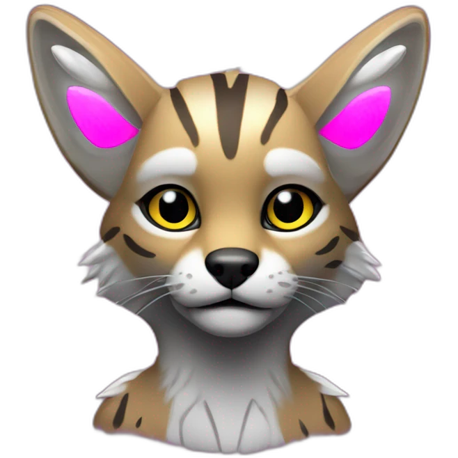 Coyote ocelot with grey and black fur and phoenix wings and pink ears, neon lights emoji