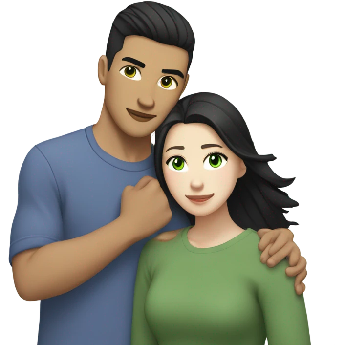 Light skin Asian male with undercut straight black hair and white female with green eyes and long brown wavy hair tightly hugging each other  emoji