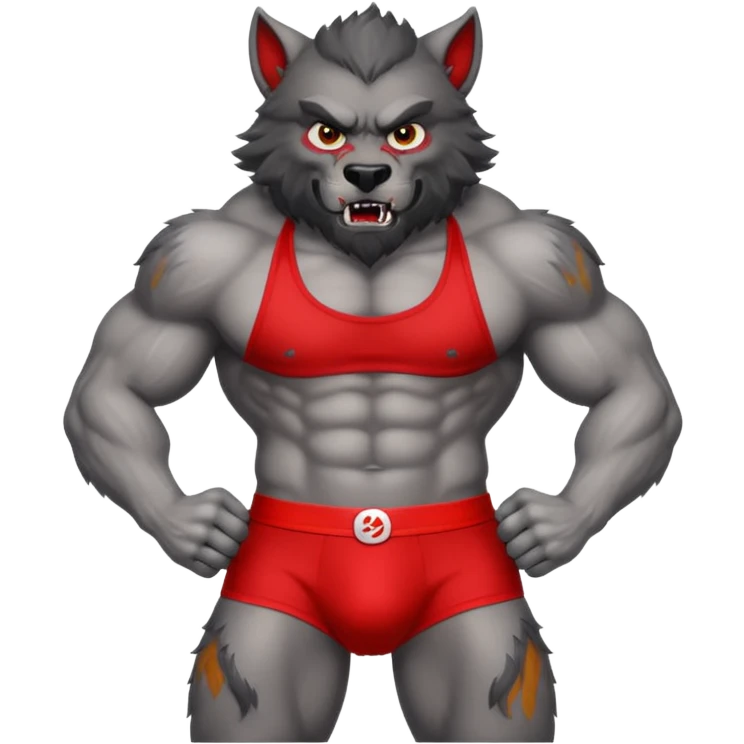 muscular werewolf wearing red briefs with visible logo, emoji style emoji