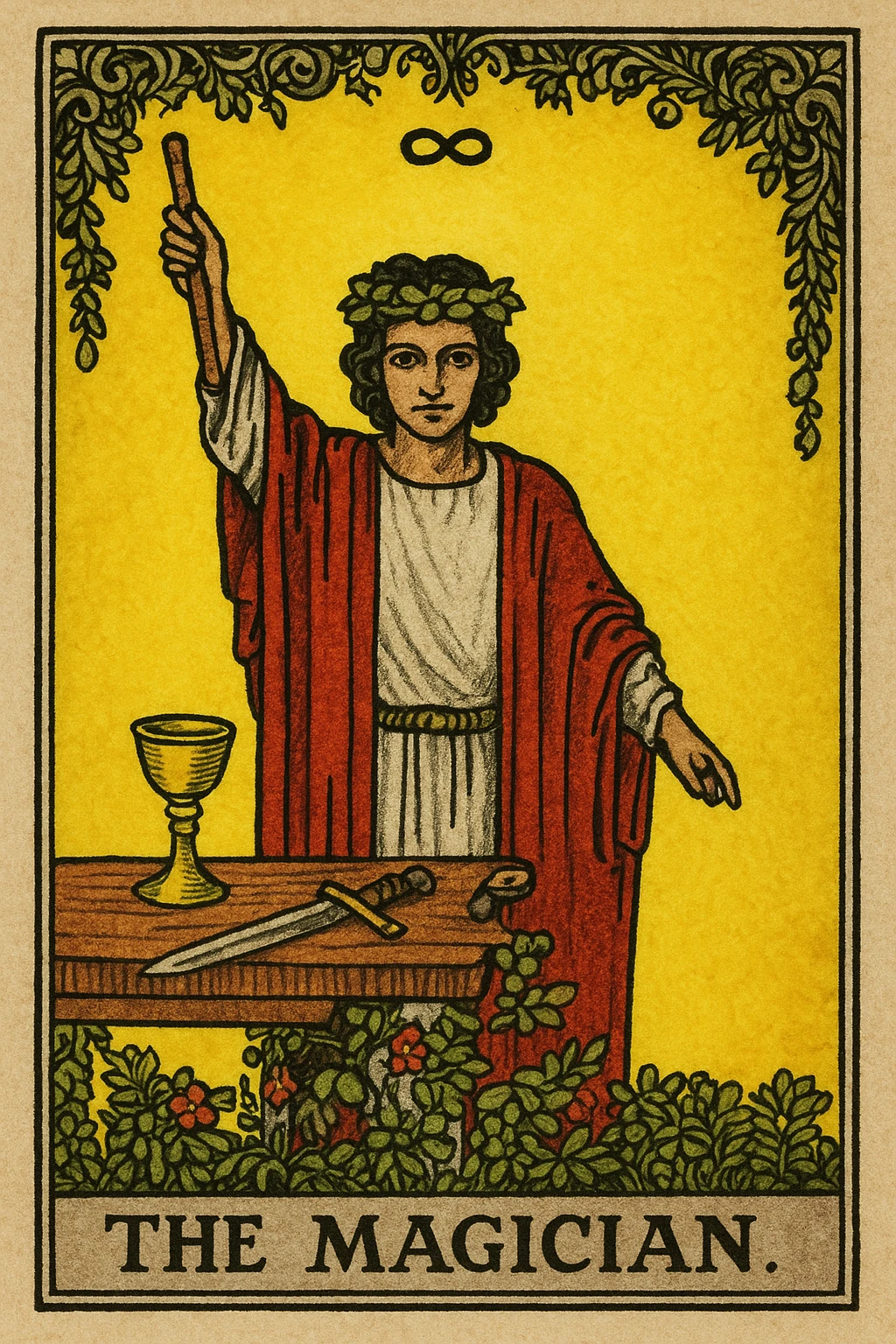 The Magician tarot card, close-up, Rider Waite Smith style, mystical atmosphere, holding a wand, table with cup, sword, pentacle, yellow background, ornate border. emoji
