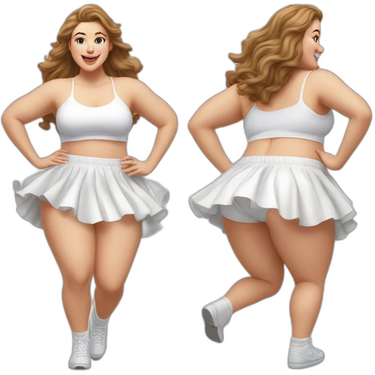 Hyperrealistic Full body Caucasian curvy beauty jumping short white skirt back and front views strong wind knickers long white socks emoji