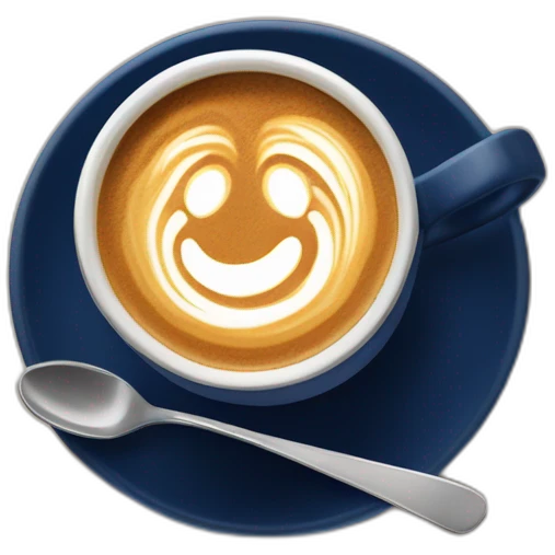 Flat white coffee with beautiful latte art in a dark blue cup with no handle emoji