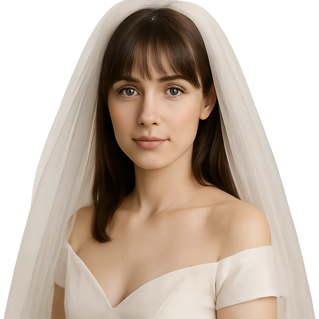 bride with light skin, hazel eyes, brunette straight hair with bangs, wearing a veil, gentle expression emoji