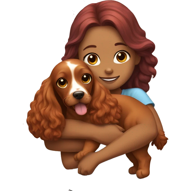 A very cute girl with red hair cuddling a happy caramel-brown English Cocker Spaniel. emoji