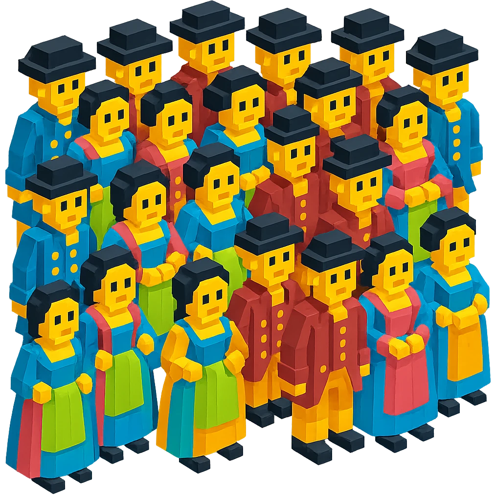 Make the 18th century crowd much larger, isometric view, no background, voxel style. emoji